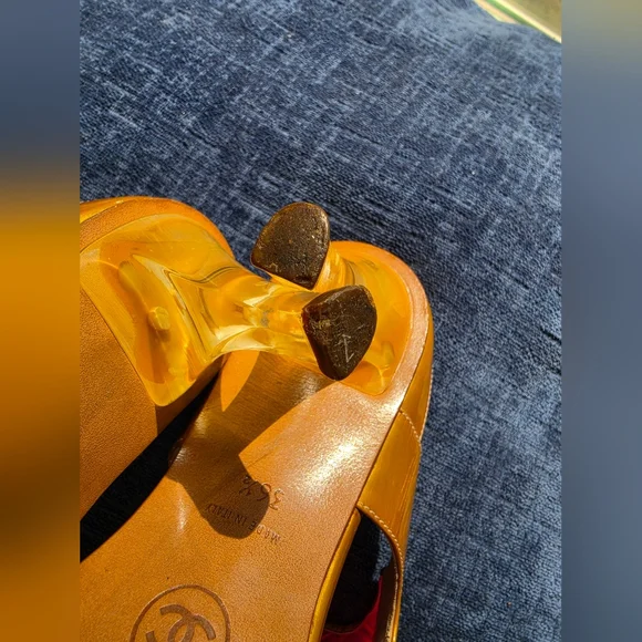 CHANEL Patent Leather Heels Vintage Women's Sandals Gold and Pink Size 36 1/2 - Picture 12 of 16